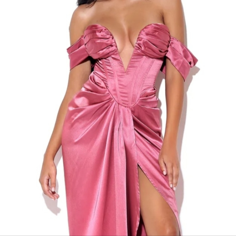 Miss Circle Mauve Off Shoulder Satin Corset High Slit Dress